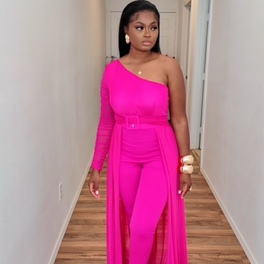 Women’s One-Shoulder Long Sleeve Pink Dress w/ Pants Jumpsuit SZ L